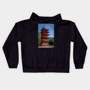 Crimson red Five-storied Pagoda at Itsukushima shine, Miyajima Kids Hoodie